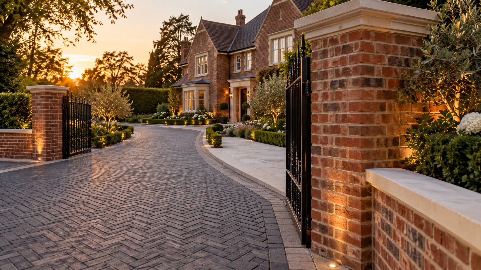 Design inspiration: brick entrance pillars framing a paved driveway