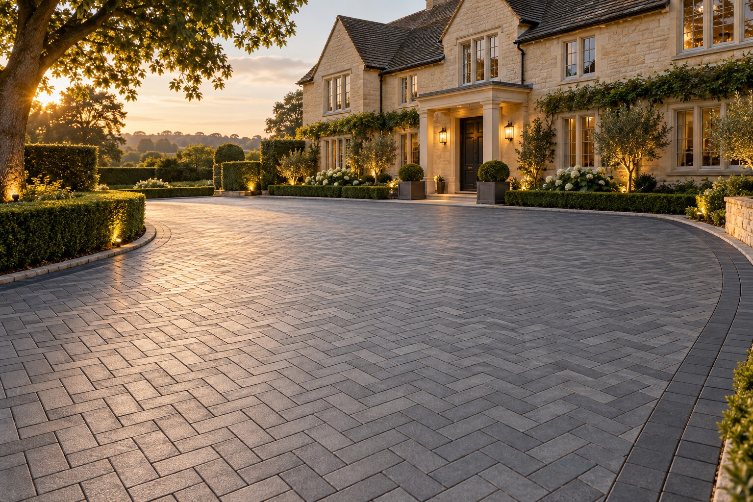 Design inspiration: herringbone driveway leading to an elegant English home